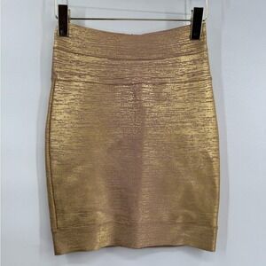 HERVE LEGER Champagne‎ Gold Combo Bandage Fancy Mini Holiday Skirt small